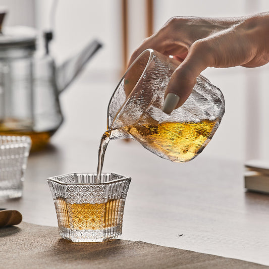 Creative Nordic Style Embossed Hammered Glass Small Tea Cup Teapot Set Sake Spirits Small Shot Glass Hexagonal Cup