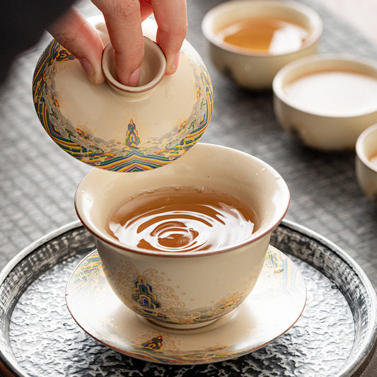 Ru Kiln Suspended Three-Talent Covered Bowl Tea Cup High-End Tea Bowl with Lid for Brewing Tea Kung Fu Tea Set Sea Water Jiangya Ceramic Tea Offering