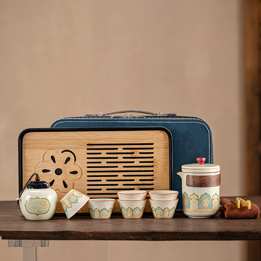 Complete Tea Set Portable Kung Fu Ru Kiln Ancient Charm Set with Tea Tray Outdoor Ceramic Quick Tea Cup Company Business Gift