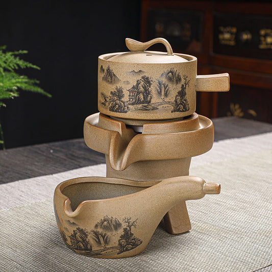 Teapot Semi-Automatic Stone Mill Kung Fu Tea Set Purple Clay Household Tea Brewer Simple Fortune Comes Lazy Person Brewing