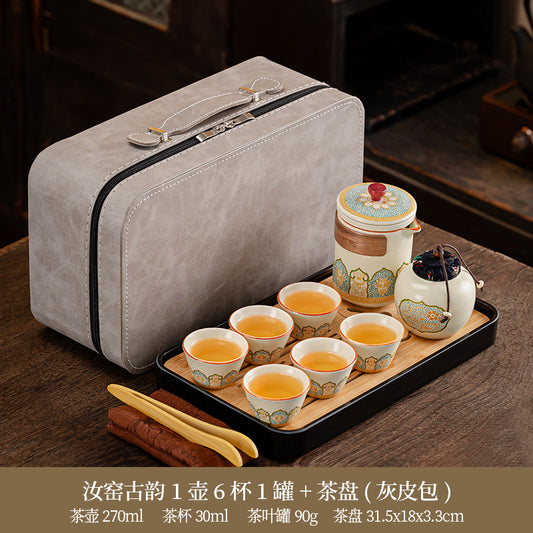 Complete Tea Set Portable Kung Fu Ru Kiln Ancient Charm Set with Tea Tray Outdoor Ceramic Quick Tea Cup Company Business Gift