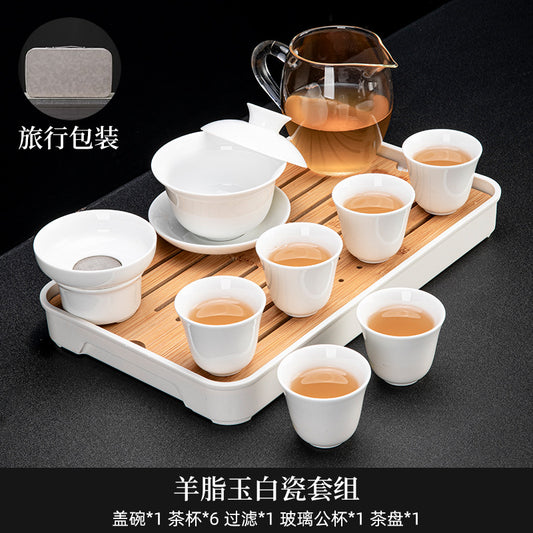 Jade Porcelain Kung Fu Tea Set White Porcelain Home Office Brewing Suspended Tea Lid Bowl Ceramic Tea Cup Tea Tray Complete Set