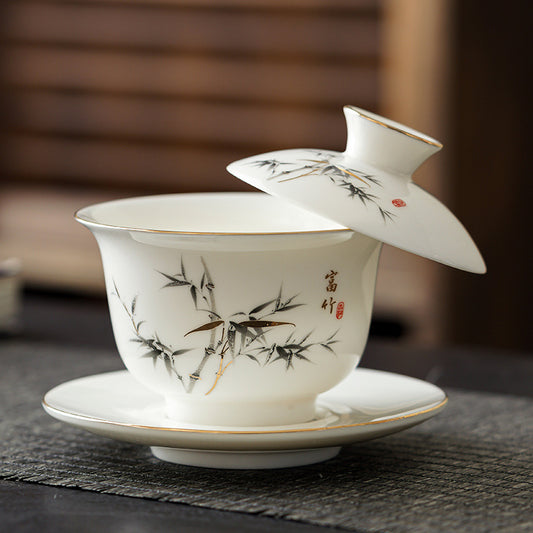 Rotatable Lid Bowl with Hovering Function, High-End Sheep Fat Jade Three-Talent Lid Tea Bowl, Tea Set, White Porcelain Handheld Tea Brewing Pot