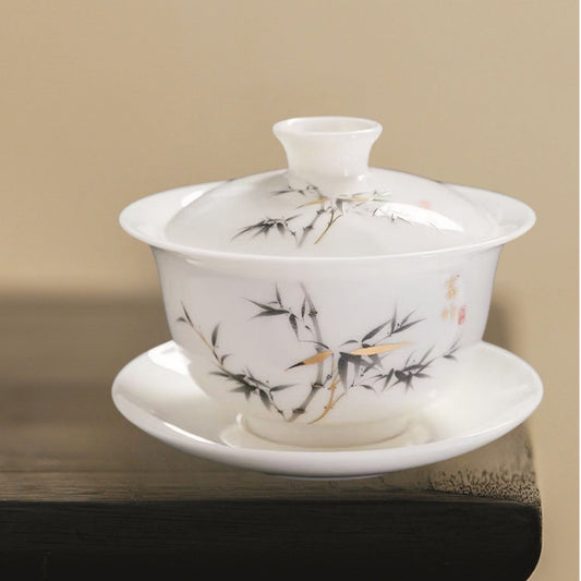 Rotatable Lid Bowl with Hovering Function, High-End Sheep Fat Jade Three-Talent Lid Tea Bowl, Tea Set, White Porcelain Handheld Tea Brewing Pot