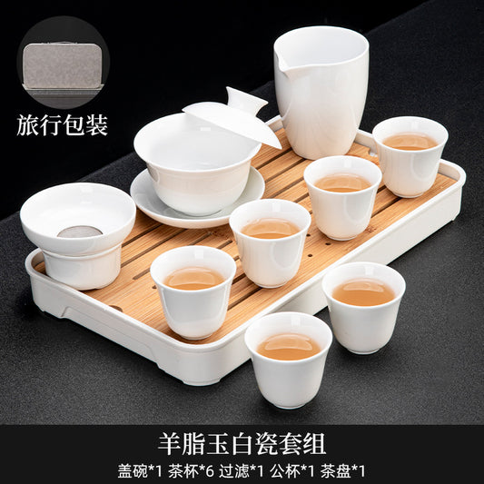 Jade Porcelain Kung Fu Tea Set White Porcelain Home Office Brewing Suspended Tea Lid Bowl Ceramic Tea Cup Tea Tray Complete Set