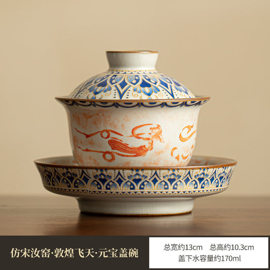 Ru Kiln Ceramic Rubbing Flying Sky Dunhuang Gaiwan Kung Fu Tea Set Tea Cup Three-Talent Gaiwan Douli Horse Hoof Gaiwan Tea Brewing